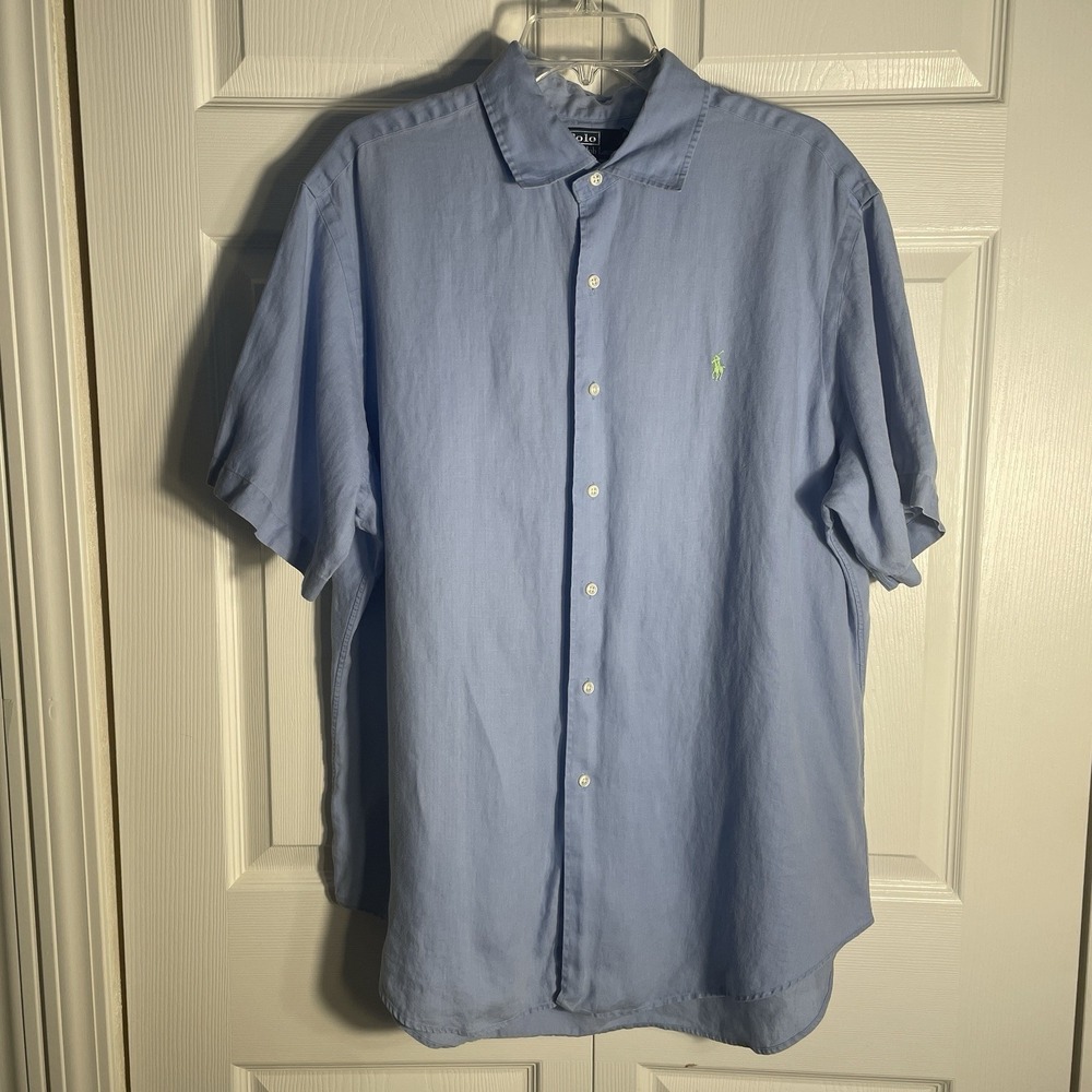 Vintage Y2K Polo Ralph Lauren Bradford Classic Fit Shirt Men XL Blue 100% Linen